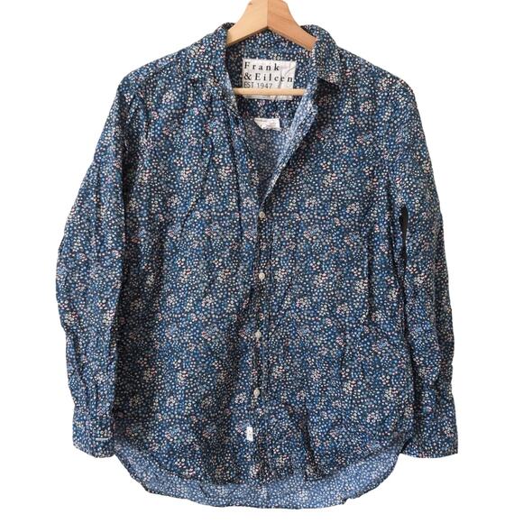 Frank & Eileen Button Up Womens Top Small Woven in Italy Microfloral Blue Flower - Picture 1 of 6